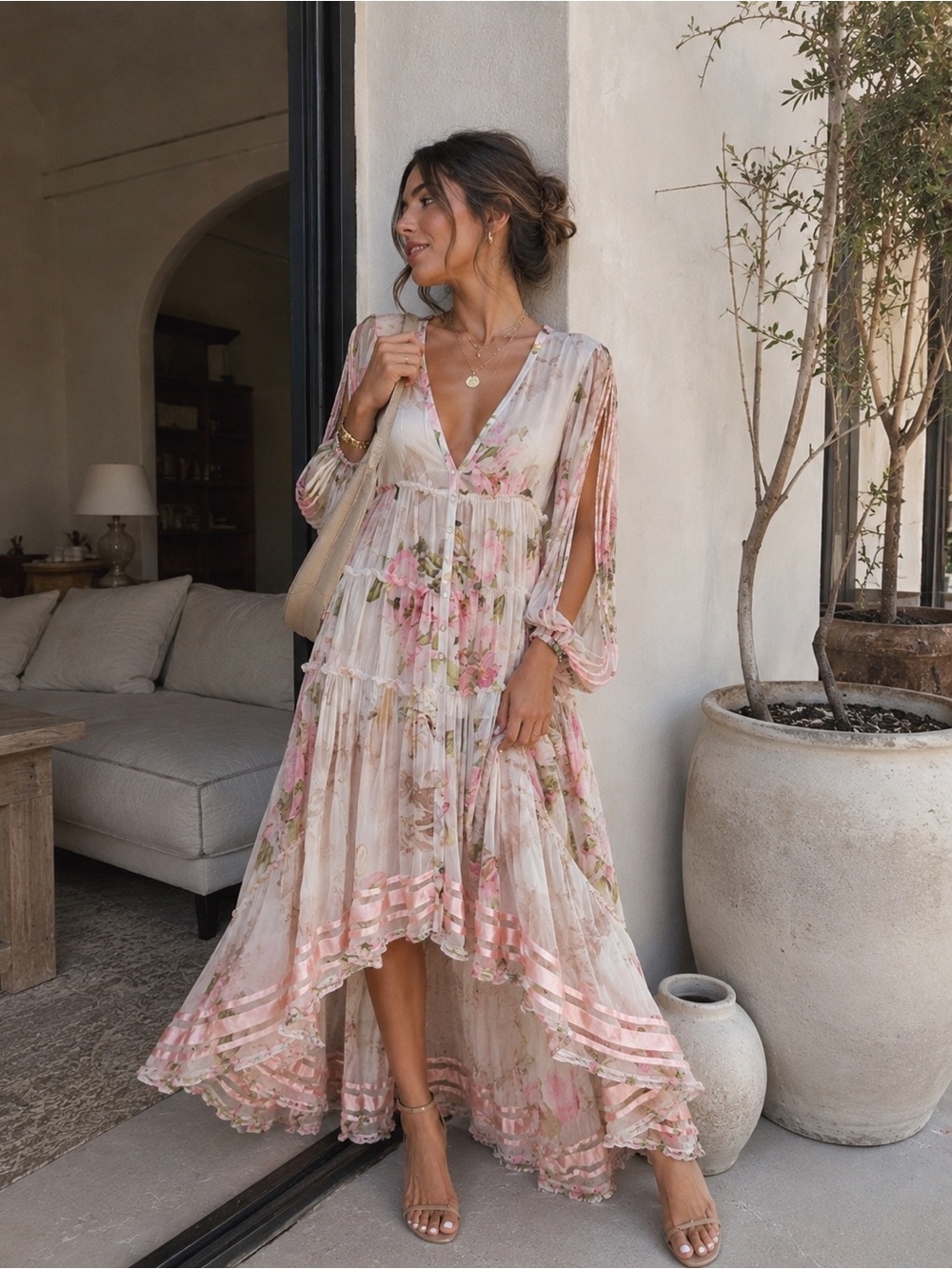 Rococo Sand Melody Maxi Dress Floral High Low Balloon Sleeve Boho Romantic S